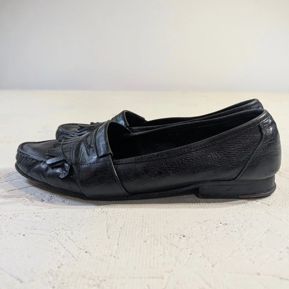 Cole Haan Men Black Leather Fringe Loafers Slip On Made in Italy Size 10M‎ READ